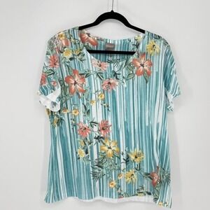Chico's Floral Print Top Striped Short Sleeve Tee‎ Size 2/L/12